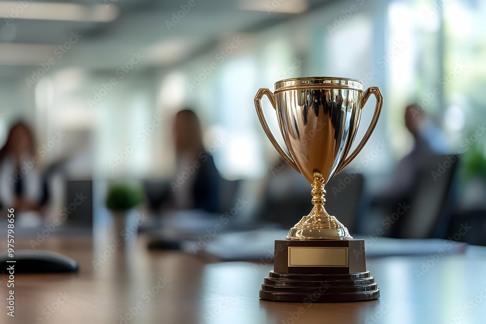A golden trophy stands proudly in a modern office, symbolizing achievement and success in a professional environment. A golden trophy stands proudly in a modern office, symbolizing achievement and success in a professional environment.
