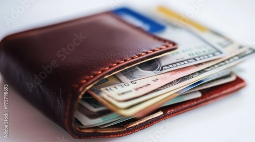 Wallpaper Mural Close-up of Brown Leather Wallet with Cash and Cards Torontodigital.ca
