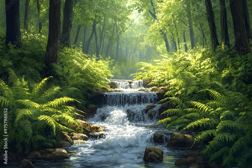 Serene forest landscape with a gentle stream flowing through lush greenery, evoking a sense of peace and tranquility. Serene forest landscape with a gentle stream flowing through lush greenery, evoking a sense of peace and tranquility.