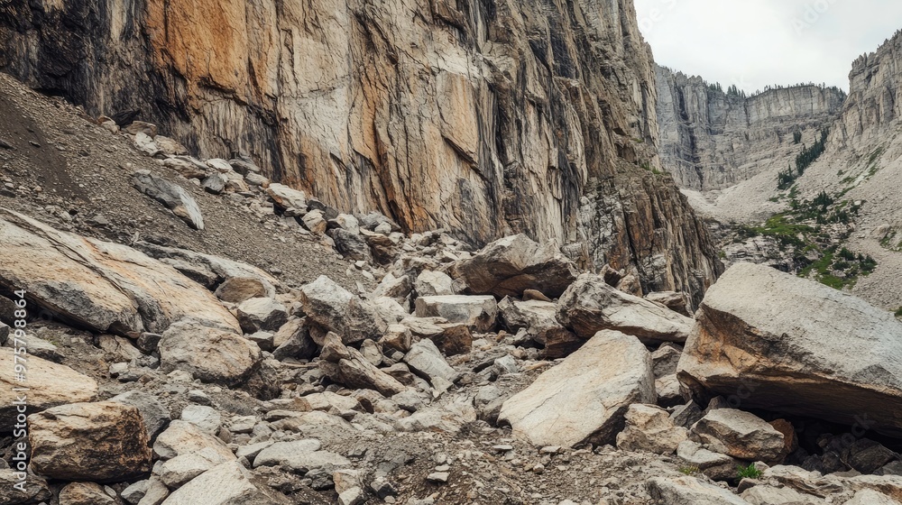 Large rocks and debris from a mountain cliff after a landslide, scattered across the rugged terrain below. Large rocks and debris from a mountain cliff after a landslide, scattered across the rugged terrain below.