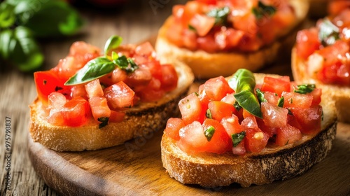 Traditional Italian bruschetta with diced tomatoes, basil, garlic, and olive oil on toasted bread, perfect for Mediterranean