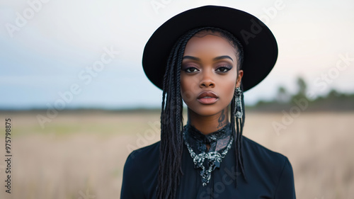 elegant young woman with neck tattoo and hair in braids dressed in black photo