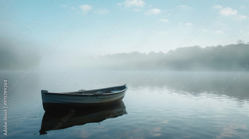 A tranquil boat floats silently in the misty water, creating a calm and serene atmosphere in the early morning light. A tranquil boat floats silently in the misty water, creating a calm and serene atmosphere in the early morning light.