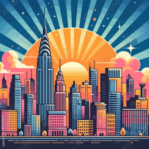 A colorful cityscape with a large building in the center