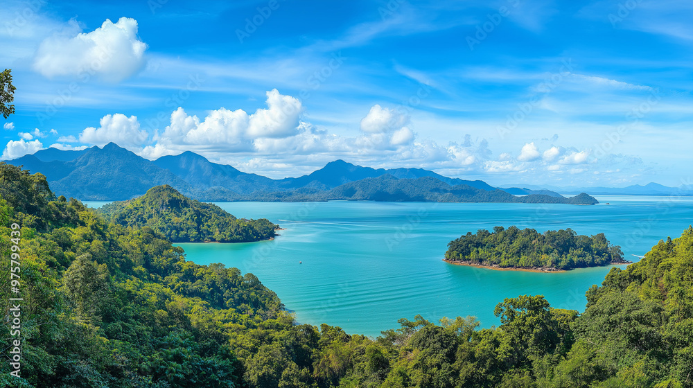 Obraz premium Langkawi Island is beautiful, the sea is beautiful, the sky is clear, the clouds are beautiful, and the trees are green.