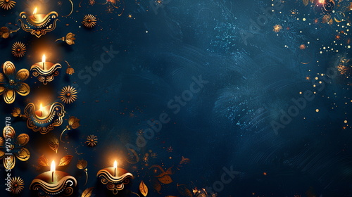 Elegant Diwali celebration image with a rich navy blue base, highlighted by intricate gold floral patterns, twinkling oil lamps, and festive firework illustrations. Oriental festival of lights Ramadan photo