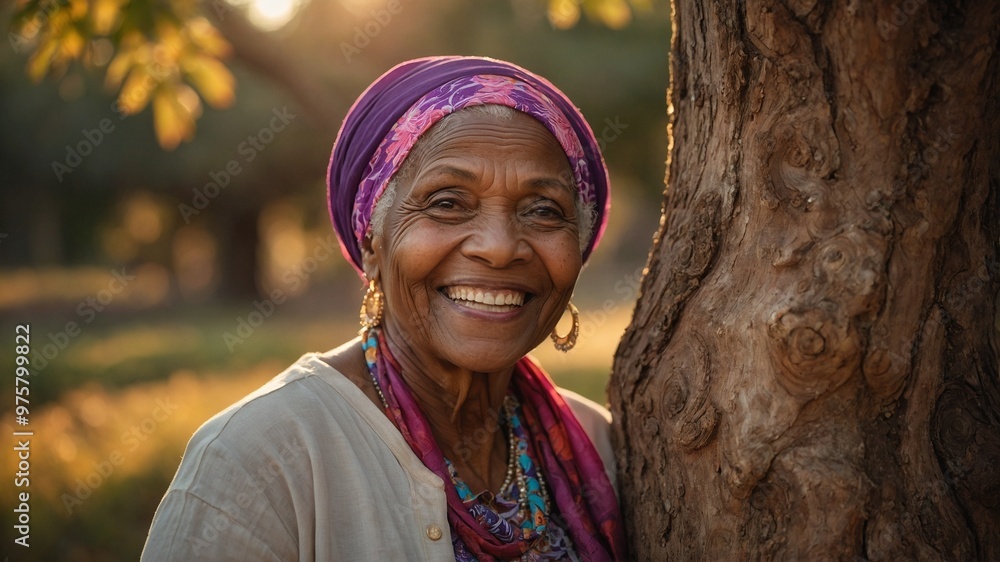 Elderly African woman with dark skin, gray hair, and bright purple headscarf smiling warmly while leaning against tree trunk in natural outdoor setting Elderly African woman with dark skin, gray hair, and bright purple headscarf smiling warmly while leaning against tree trunk in natural outdoor setting