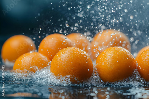 Fresh oranges splash in water, creating a vibrant, refreshing scene perfect for food and health-related themes.