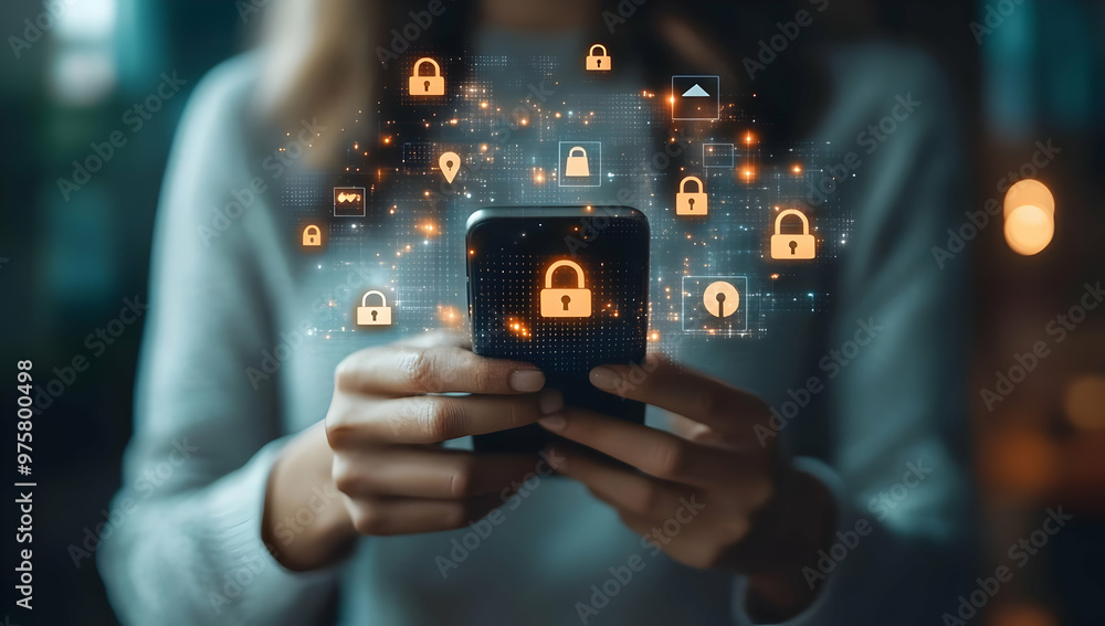 A person using a smartphone with digital lock icons, symbolizing online security and protection of personal data. A person using a smartphone with digital lock icons, symbolizing online security and protection of personal data.