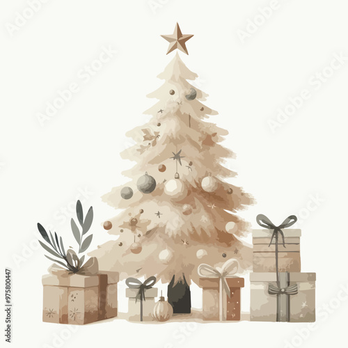 Merry Christmas and happy new year watercolor poster. Cozy Christmas tree.