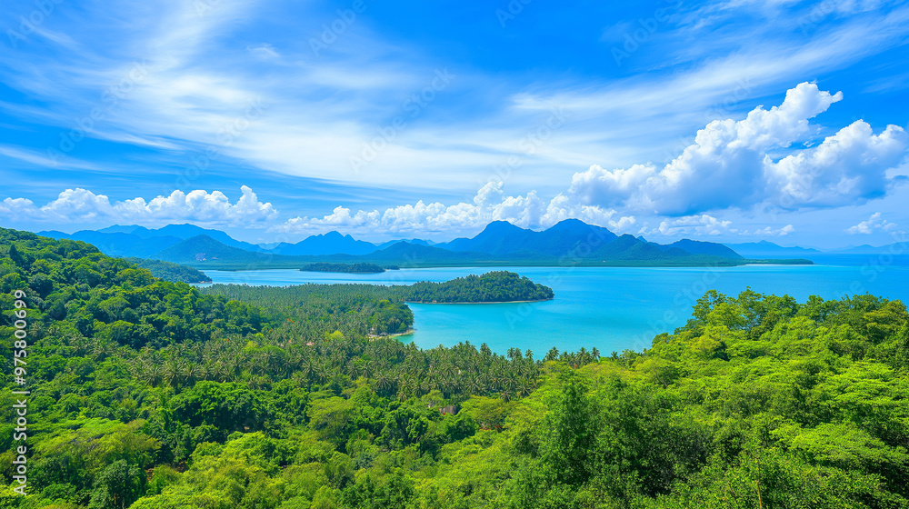Langkawi Island is beautiful, the sea is beautiful, the sky is clear, the clouds are beautiful, and the trees are green.