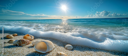 A serene beach scene featuring shells scattered on the sand, with gentle waves lapping at the shore under a bright sun. photo