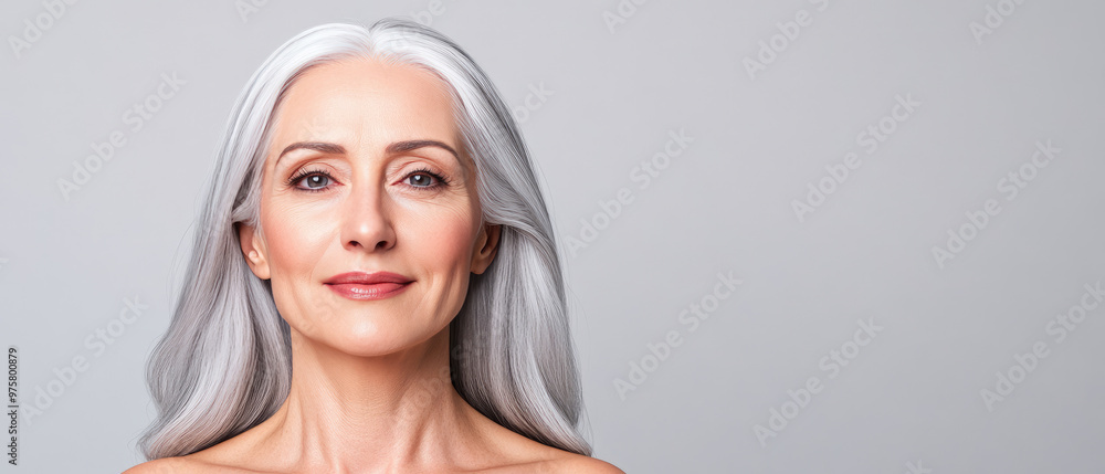 Graceful elegance of a mature woman, showcasing flowing silver hair and a confident smile, embodying timeless beauty and self-assurance against a neutral backdrop. Graceful elegance of a mature woman, showcasing flowing silver hair and a confident smile, embodying timeless beauty and self-assurance against a neutral backdrop.