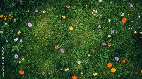 A view from above of lush green grass with scattered colorful flowers, creating a vibrant spring background.
