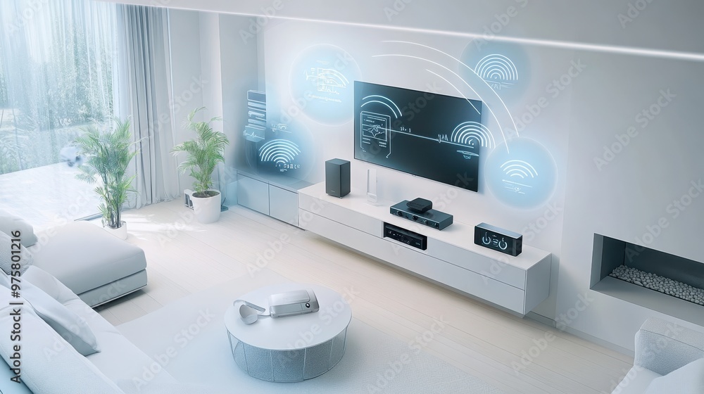 A smart home setup with devices monitoring air quality, sleep patterns, and overall health. A smart home setup with devices monitoring air quality, sleep patterns, and overall health.