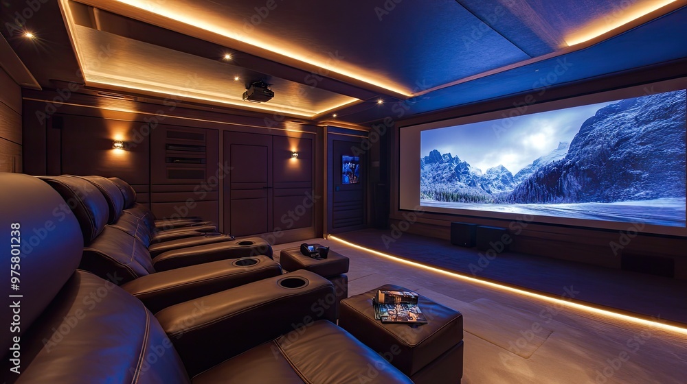 Luxurious home cinema with plush leather seating, a massive screen, and dimmable recessed lighting for an immersive viewing experience. Luxurious home cinema with plush leather seating, a massive screen, and dimmable recessed lighting for an immersive viewing experience.