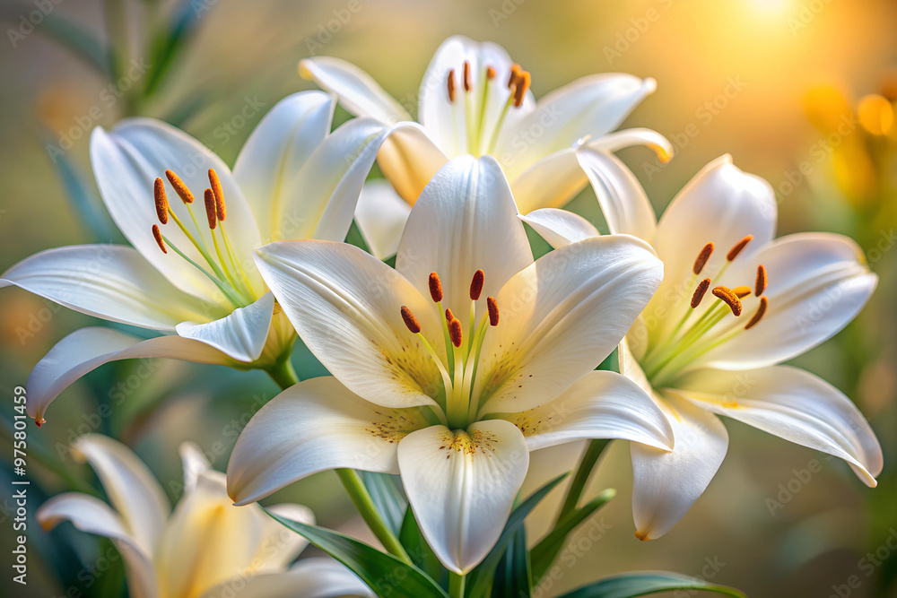 Close-up photo of three pristine white lilies, with their delicate petals and prominent yellow and brown stamen. The flowers are in focus, while the background is blurred, creating a sense of depth Close-up photo of three pristine white lilies, with their delicate petals and prominent yellow and brown stamen. The flowers are in focus, while the background is blurred, creating a sense of depth
