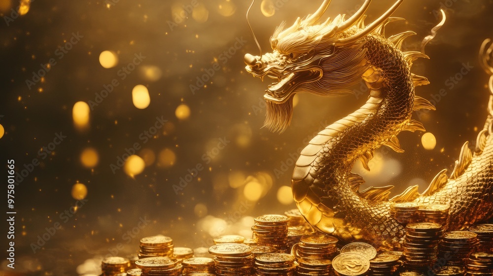 Obraz premium Majestic golden dragon coiling around piles of gold and silver coins, capturing the festive spirit of the Chinese New Year.