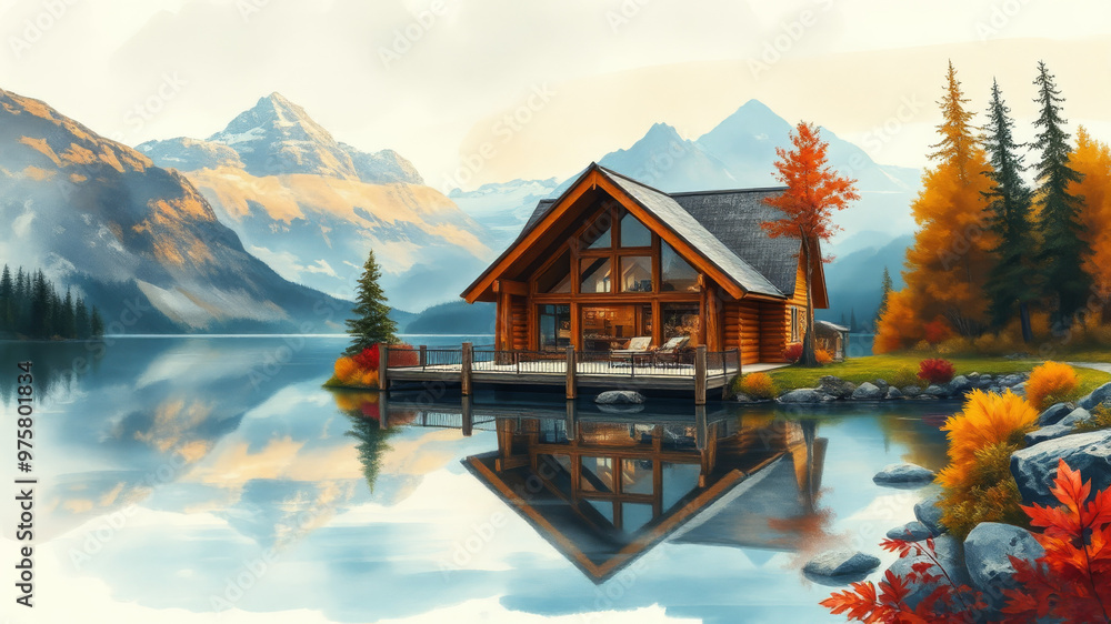 Fototapeta premium Herbstliche Seelandschaft mit Berghütte