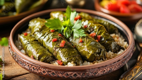 Dolma, also known as tolma or sarma, are rice and meat-filled grape leaves. Classic Greek, Ottoman, Turkish, and Caucasian food photo