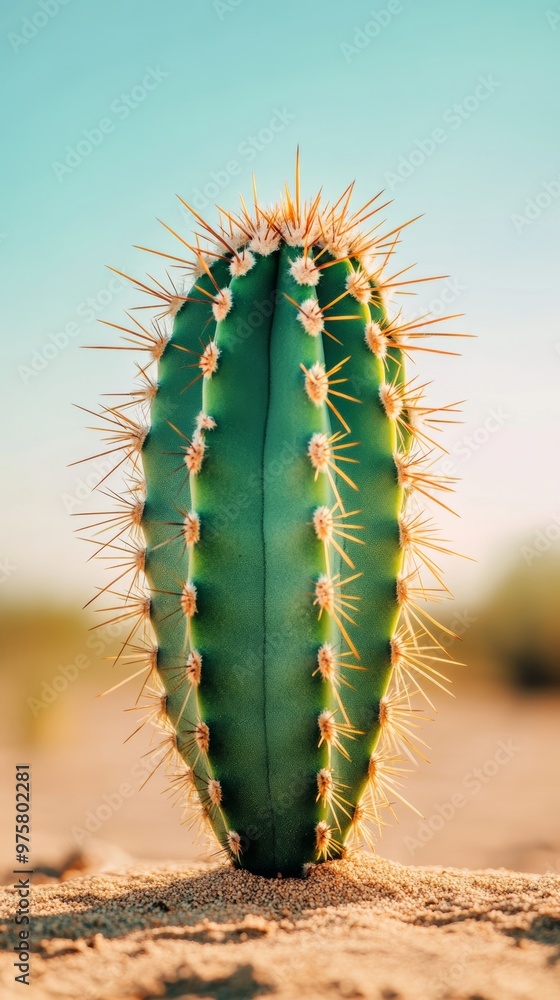 Cactus in desert sand under clear blue sky, close-up detail. Nature and resilience concept Cactus in desert sand under clear blue sky, close-up detail. Nature and resilience concept