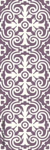 A decorative patterned design featuring intricate swirls and floral motifs in a purple and cream color scheme.