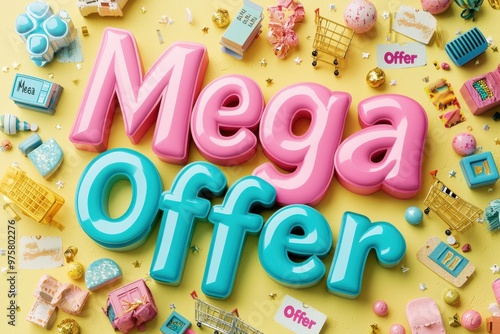 Bright and colorful 'Mega Offer' text made of dough or clay on a yellow background with various decorated items and accessories