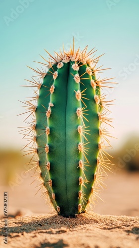 Cactus in desert sand under clear blue sky, close-up detail. Nature and resilience concept