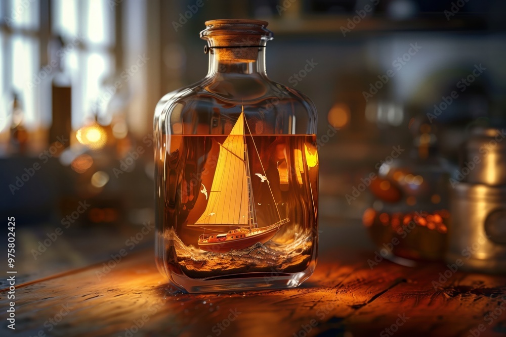 Bottle of liquor with sailboat inside Bottle of liquor with sailboat inside