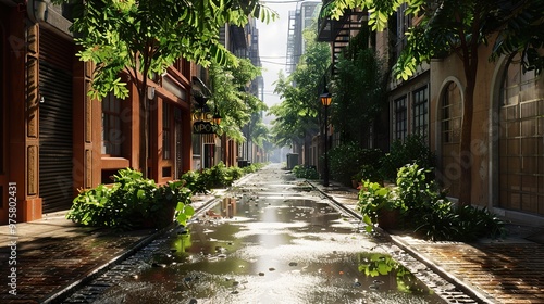 Cobblestone Street in a City with Wet Pavement and Reflections