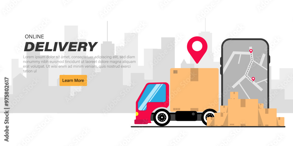 Delivery,transport and logistics business, Logistic cargo mobile courier or freight delivery service transportation , flat truck automobile with warehouse parcel packages and cellphone or phone city Delivery,transport and logistics business, Logistic cargo mobile courier or freight delivery service transportation , flat truck automobile with warehouse parcel packages and cellphone or phone city