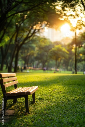 A peaceful park scene featuring a wooden bench surrounded by lush green grass and trees, illuminated by warm sunset light.