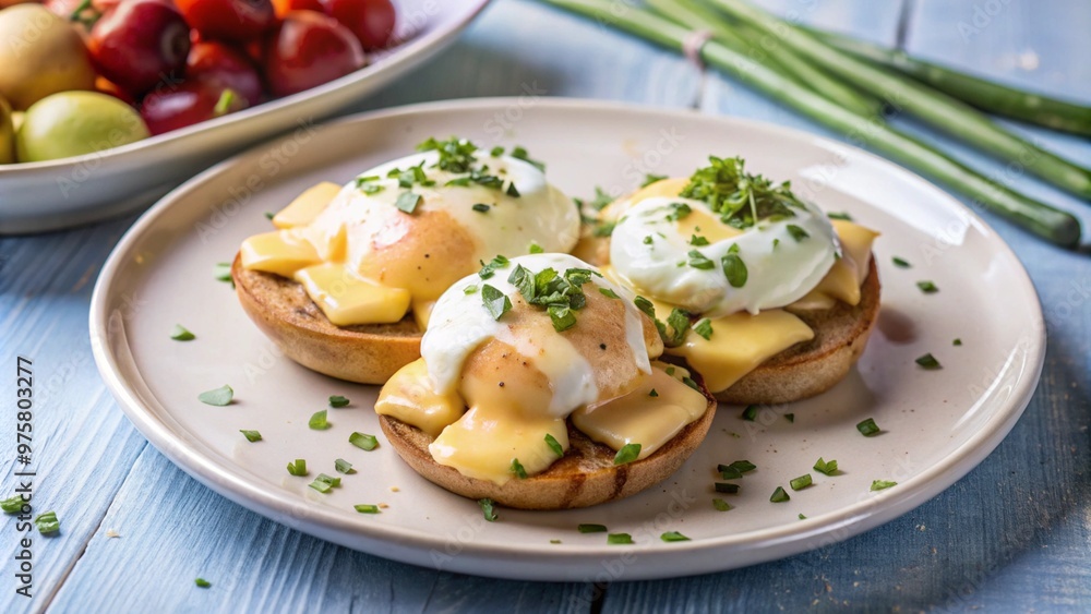 Eggs Benedict served with extra sauce and sliced potatoes on a white plate and garnished with paprika and chives.
Eggs Benedict served with extra sauce and sliced potatoes on a white plate and garnished with paprika and chives.