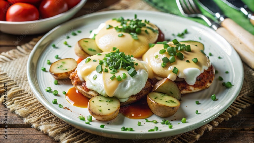 Eggs Benedict served with extra sauce and sliced potatoes on a white plate and garnished with paprika and chives.
Eggs Benedict served with extra sauce and sliced potatoes on a white plate and garnished with paprika and chives.
