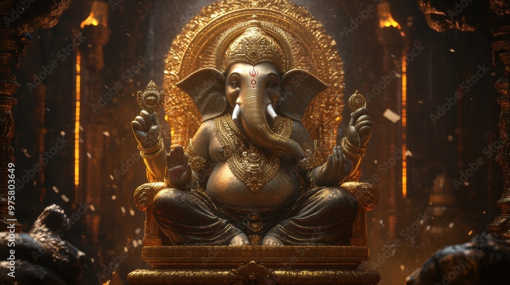 A luxurious virtual Ganesha, seated on a glowing throne of gold, with rich digital textures and divine presence. A luxurious virtual Ganesha, seated on a glowing throne of gold, with rich digital textures and divine presence.