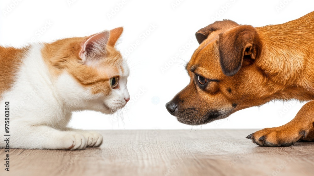 A dog and cat looking at each other on a wooden floor, AI A dog and cat looking at each other on a wooden floor, AI