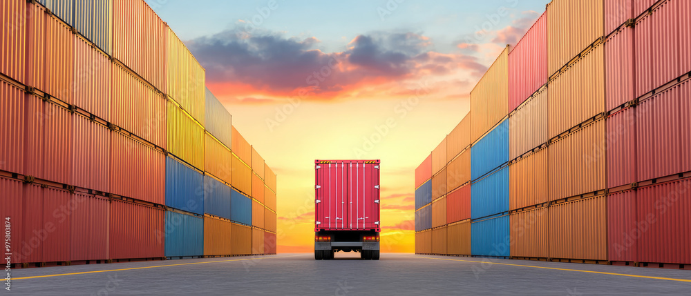 Fototapeta premium Colorful Cargo Corridor, a truck navigates an aisle flanked by vibrant shipping containers under a sunset sky, symbolizing bustling trade and logistics.