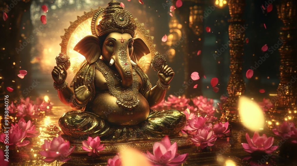 A grand virtual Ganesha surrounded by glowing lotus petals and intricate digital gold ornaments, radiating luxury. A grand virtual Ganesha surrounded by glowing lotus petals and intricate digital gold ornaments, radiating luxury.
