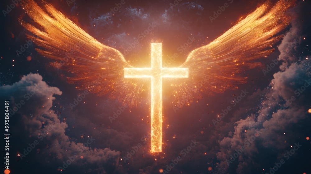A glowing cross surrounded by ethereal angel wings, creating a dramatic and heavenly atmosphere, perfect for spiritual imagery. A glowing cross surrounded by ethereal angel wings, creating a dramatic and heavenly atmosphere, perfect for spiritual imagery.