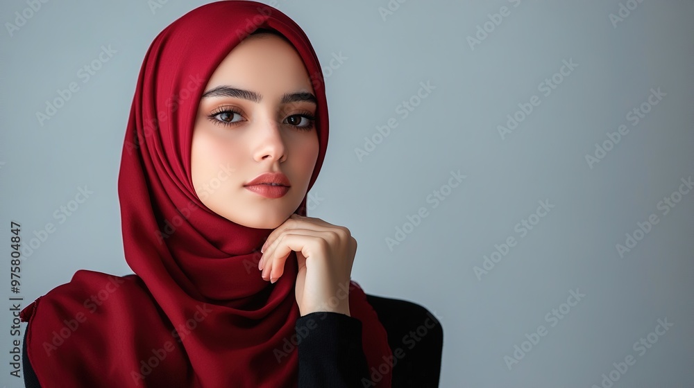 Young woman in red hijab looking thoughtfully. Young woman in red hijab looking thoughtfully.