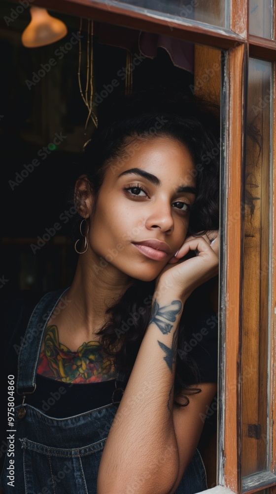 A young Black woman gazes thoughtfully out of a window, showcasing her tattoos and calm demeanor A young Black woman gazes thoughtfully out of a window, showcasing her tattoos and calm demeanor