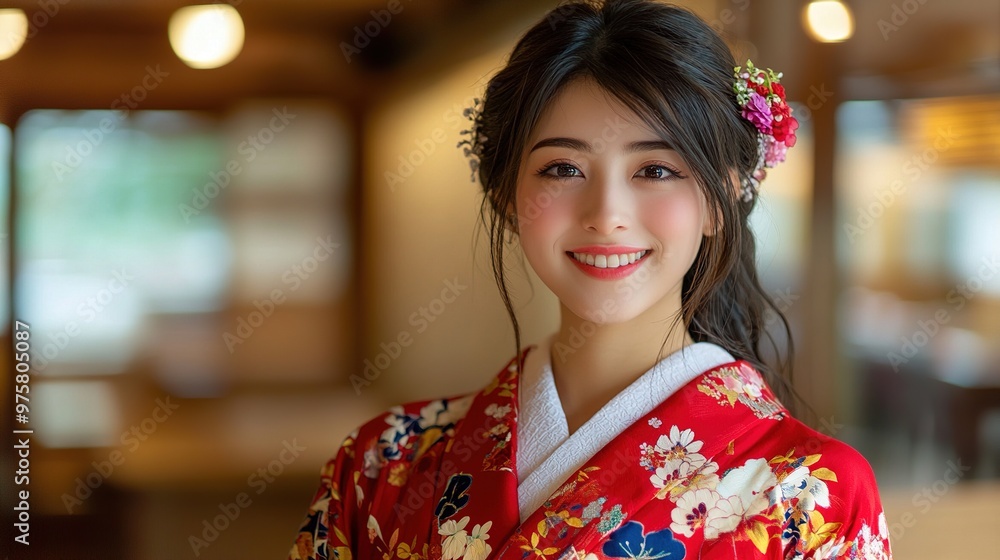 Woman in floral kimono smiling brightly indoors. Woman in floral kimono smiling brightly indoors.