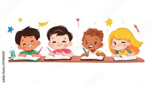 Four Happy Children Writing in Their Notebooks