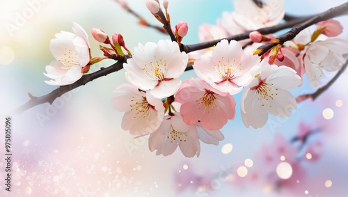 Close-up of cherry blossoms in full bloom with pink and white flowers, yellow stamens, pastel background, golden light particles, serene and ethereal atmosphere, generative ai