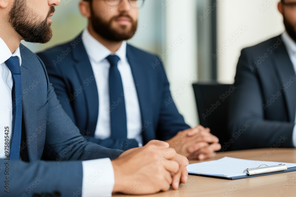 Business Meeting Atmosphere, three professionals in tailored suits engaged in a serious discussion, formal environment suggesting strategy planning or decision making. Business Meeting Atmosphere, three professionals in tailored suits engaged in a serious discussion, formal environment suggesting strategy planning or decision making.