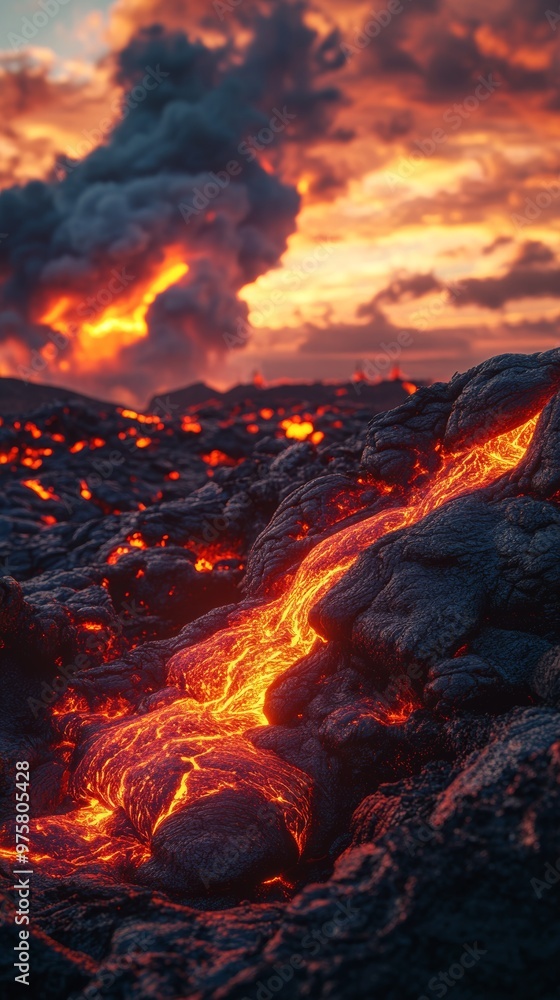 Volcanic eruption with flowing lava at sunset Volcanic eruption with flowing lava at sunset