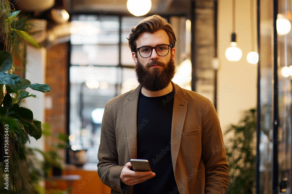 A millennial businessman with a beard and glasses, talking on his phone in a modern loft-style open office space, showcasing a stylish and contemporary work environment A millennial businessman with a beard and glasses, talking on his phone in a modern loft-style open office space, showcasing a stylish and contemporary work environment