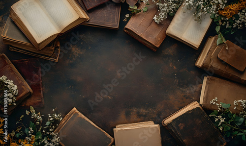 vintage books isolated on white background, blank labels, free copy space photo