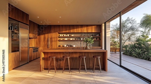 Wallpaper Mural stylish and modern kitchen interior showcasing a wooden bar island with four matching bar stools, seamlessly connecting to a patio through expansive sliding glass doors Torontodigital.ca