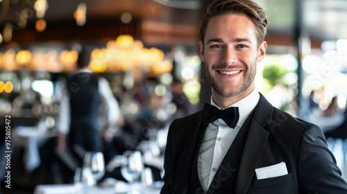 A young elegant man, dressed in a tuxedo and bow tie, smiles as he stands in a luxurious restaurant. Elegant maitre d' in tuxedo smiling in a luxurious hotel restaurant